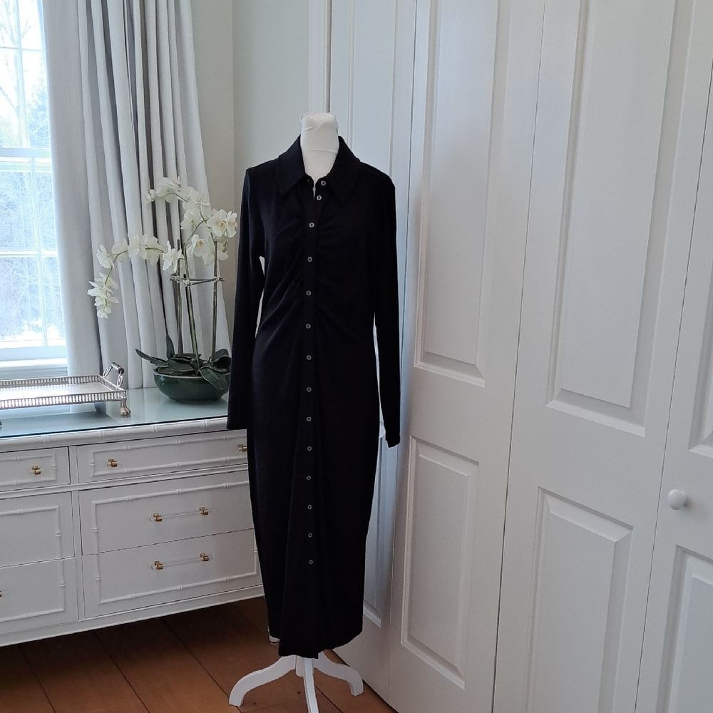 NWOT Boden Womens Black Stretch Jersey Maxi Ruched Long Sleeve Shirt Dress 10L